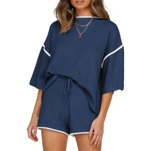 imageSHEWIN Womens Two Piece Outfits Casual Short Sleeve Knit Pullover Tops Matching Shorts Tracksuit Lounge SetsNavy Blue