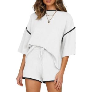 imageSHEWIN Womens Two Piece Outfits Casual Short Sleeve Knit Pullover Tops Matching Shorts Tracksuit Lounge SetsWhite
