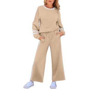 imageSHEWIN Womens 2 Piece Lounge Sets For Women Casual Striped Long Sleeve Tops and Wide Leg Pants Matching SetApricot