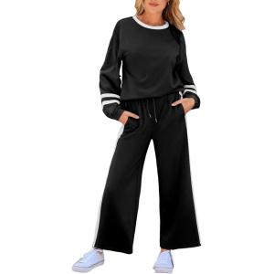 imageSHEWIN Womens 2 Piece Lounge Sets For Women Casual Striped Long Sleeve Tops and Wide Leg Pants Matching SetBlack
