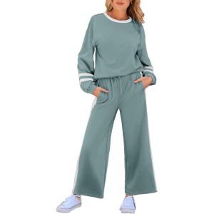 imageSHEWIN Womens 2 Piece Lounge Sets For Women Casual Striped Long Sleeve Tops and Wide Leg Pants Matching SetBlue