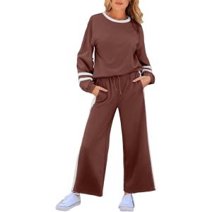 imageSHEWIN Womens 2 Piece Lounge Sets For Women Casual Striped Long Sleeve Tops and Wide Leg Pants Matching SetChestnut