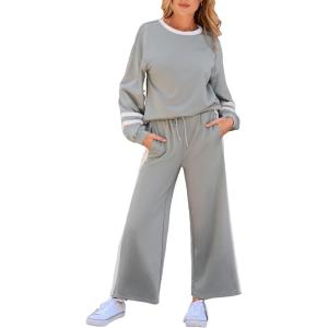 imageSHEWIN Womens 2 Piece Lounge Sets For Women Casual Striped Long Sleeve Tops and Wide Leg Pants Matching SetGrey