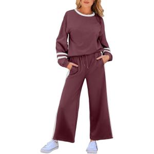 imageSHEWIN Womens 2 Piece Lounge Sets For Women Casual Striped Long Sleeve Tops and Wide Leg Pants Matching SetMineral Red