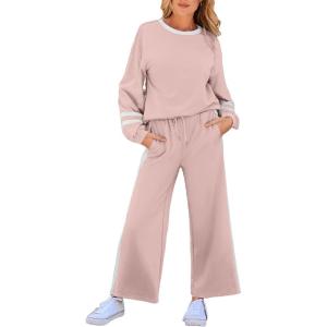 imageSHEWIN Womens 2 Piece Lounge Sets For Women Casual Striped Long Sleeve Tops and Wide Leg Pants Matching SetPink