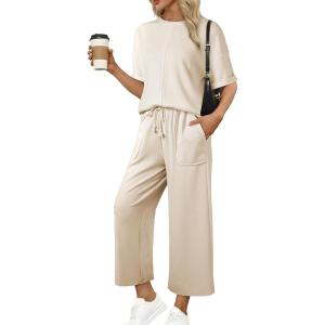 imageSHEWIN Womens 2 Piece Outfits Sweatsuit Casual Short Sleeve Pullover Tops and Drawstring Wide Leg Pants Lounge SetsApricot