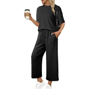 imageSHEWIN Womens 2 Piece Outfits Sweatsuit Casual Short Sleeve Pullover Tops and Drawstring Wide Leg Pants Lounge SetsBlack