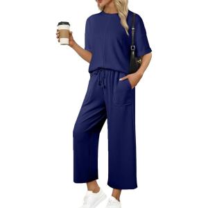 imageSHEWIN Womens 2 Piece Outfits Sweatsuit Casual Short Sleeve Pullover Tops and Drawstring Wide Leg Pants Lounge SetsBlue