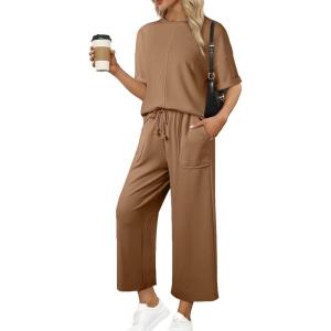 imageSHEWIN Womens 2 Piece Outfits Sweatsuit Casual Short Sleeve Pullover Tops and Drawstring Wide Leg Pants Lounge SetsCoffee