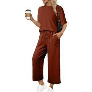 imageSHEWIN Womens 2 Piece Outfits Sweatsuit Casual Short Sleeve Pullover Tops and Drawstring Wide Leg Pants Lounge SetsOrange