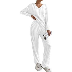 imageSHEWIN Womens Pajama Sets Long Sleeve Short Sleeve 2 Piece Lounge Sets Ribbed Knit Sweater SleepwearC White