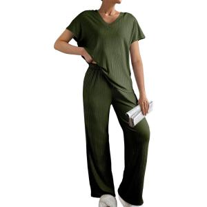 imageSHEWIN Womens Pajama Sets Long Sleeve Short Sleeve 2 Piece Lounge Sets Ribbed Knit Sweater SleepwearDark Green