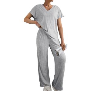 imageSHEWIN Womens Pajama Sets Long Sleeve Short Sleeve 2 Piece Lounge Sets Ribbed Knit Sweater SleepwearGrey