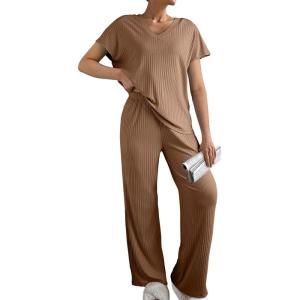 imageSHEWIN Womens Pajama Sets Long Sleeve Short Sleeve 2 Piece Lounge Sets Ribbed Knit Sweater SleepwearKhaki