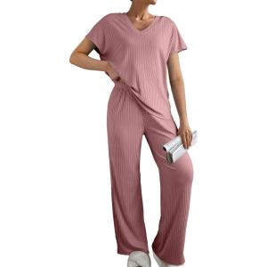 imageSHEWIN Womens Pajama Sets Long Sleeve Short Sleeve 2 Piece Lounge Sets Ribbed Knit Sweater SleepwearPink