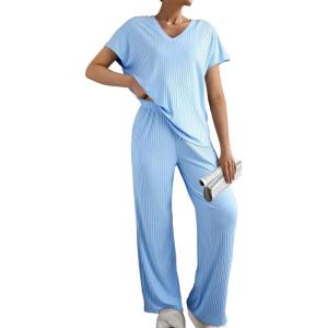 imageSHEWIN Womens Pajama Sets Long Sleeve Short Sleeve 2 Piece Lounge Sets Ribbed Knit Sweater SleepwearSky Blue