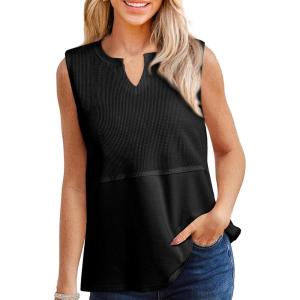 imageSHEWIN Womens Tank Tops Casual V Neck Waffle Knit Summer Top Loose Sleeveless ShirtsBlack