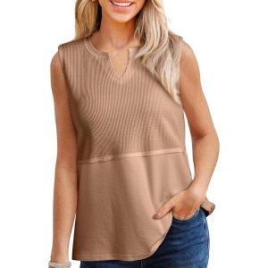imageSHEWIN Womens Tank Tops Casual V Neck Waffle Knit Summer Top Loose Sleeveless ShirtsKhaki