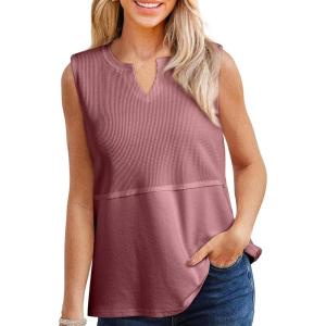 imageSHEWIN Womens Tank Tops Casual V Neck Waffle Knit Summer Top Loose Sleeveless ShirtsRed