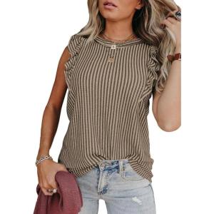 imageSHEWIN Summer Tops Crewneck Tank Tops for Women 2025 Casual Ruffle Sleeveless Tops ShirtsB Khaki  Run Small  Order One Size Up