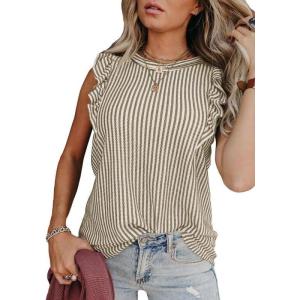 imageSHEWIN Summer Tops Crewneck Tank Tops for Women 2025 Casual Ruffle Sleeveless Tops ShirtsBeige Stripe