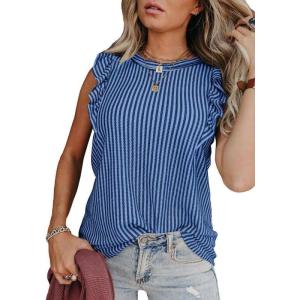 imageSHEWIN Summer Tops Crewneck Tank Tops for Women 2025 Casual Ruffle Sleeveless Tops ShirtsBlue Stripe