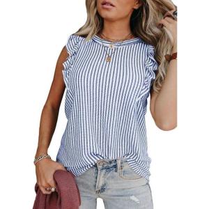 imageSHEWIN Summer Tops Crewneck Tank Tops for Women 2025 Casual Ruffle Sleeveless Tops ShirtsC Sky Blue  Run Small  Order One Size Up
