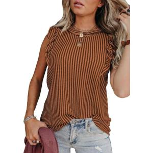 imageSHEWIN Summer Tops Crewneck Tank Tops for Women 2025 Casual Ruffle Sleeveless Tops ShirtsG Brown