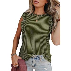 imageSHEWIN Summer Tops Crewneck Tank Tops for Women 2025 Casual Ruffle Sleeveless Tops ShirtsGreen Stripe