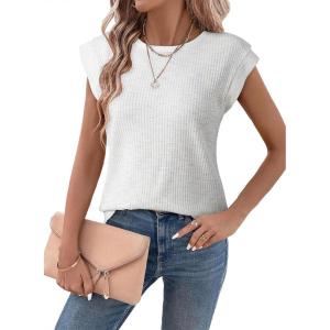 imageSHEWIN Summer Tops for Women Casual Crew Neck Waffle Knit Cap Sleeve Shirts Tank TopWhite