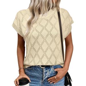 imageSHEWIN Womens Summer Tops Casual Crewneck Short Sleeve Shirts Cable Knit Lightweight Loose Pullover SweaterApricot