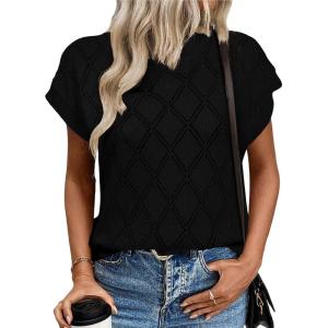 imageSHEWIN Womens Summer Tops Casual Crewneck Short Sleeve Shirts Cable Knit Lightweight Loose Pullover SweaterBlack