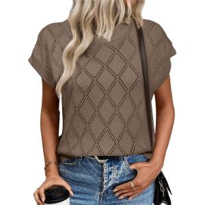 imageSHEWIN Womens Summer Tops Casual Crewneck Short Sleeve Shirts Cable Knit Lightweight Loose Pullover SweaterDark Brown
