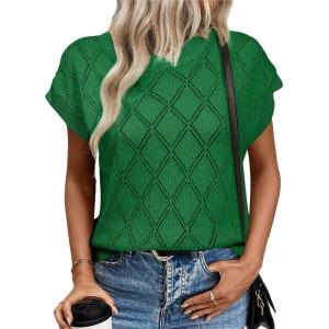 imageSHEWIN Womens Summer Tops Casual Crewneck Short Sleeve Shirts Cable Knit Lightweight Loose Pullover SweaterDark Green