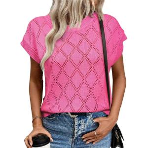 imageSHEWIN Womens Summer Tops Casual Crewneck Short Sleeve Shirts Cable Knit Lightweight Loose Pullover SweaterPink
