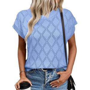 imageSHEWIN Womens Summer Tops Casual Crewneck Short Sleeve Shirts Cable Knit Lightweight Loose Pullover SweaterSky Blue