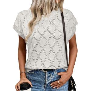 imageSHEWIN Womens Summer Tops Casual Crewneck Short Sleeve Shirts Cable Knit Lightweight Loose Pullover SweaterWhite