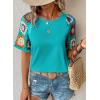 imageSHEWIN Womens Summer Tops Casual Short Sleeve T Shirts Crewneck Boho Crochet Floral Print Shirt BlousesTurquoise