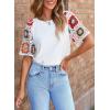 imageSHEWIN Womens Summer Tops Casual Short Sleeve T Shirts Crewneck Boho Crochet Floral Print Shirt BlousesWhite