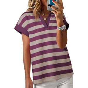 imageSHEWIN Womens Summer Tops Casual Short Sleeve Sweatshirt Color Block Striped Polo Shirts V Neck Pullover Tees Loose BlousesBurgundy Stripe