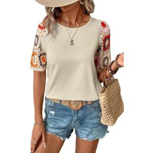 imageSHEWIN Womens Summer Tops Casual Short Sleeve T Shirts Crewneck Boho Crochet Floral Print Shirt BlousesParchment