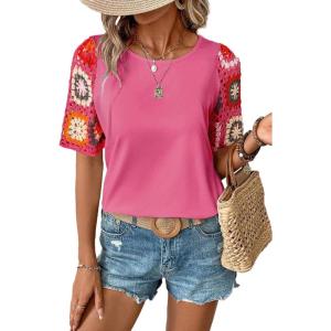 imageSHEWIN Womens Summer Tops Casual Short Sleeve T Shirts Crewneck Boho Crochet Floral Print Shirt BlousesPink
