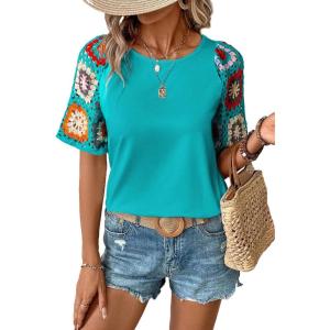 imageSHEWIN Womens Summer Tops Casual Short Sleeve T Shirts Crewneck Boho Crochet Floral Print Shirt BlousesTurquoise