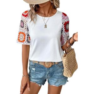 imageSHEWIN Womens Summer Tops Casual Short Sleeve T Shirts Crewneck Boho Crochet Floral Print Shirt BlousesWhite