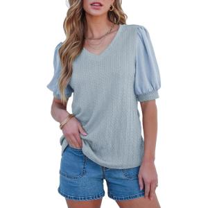imageSHEWIN Womens Summer Tops V Neck Casual Puff Short Sleeve Textured T Shirts BlousesBeau Blue