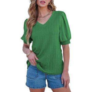 imageSHEWIN Womens Summer Tops V Neck Casual Puff Short Sleeve Textured T Shirts BlousesDark Green
