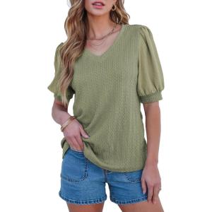 imageSHEWIN Womens Summer Tops V Neck Casual Puff Short Sleeve Textured T Shirts BlousesFern Green