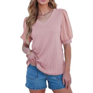 imageSHEWIN Womens Summer Tops V Neck Casual Puff Short Sleeve Textured T Shirts BlousesFushia