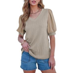 imageSHEWIN Womens Summer Tops V Neck Casual Puff Short Sleeve Textured T Shirts BlousesPale Khaki