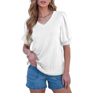 imageSHEWIN Womens Summer Tops V Neck Casual Puff Short Sleeve Textured T Shirts BlousesWhite